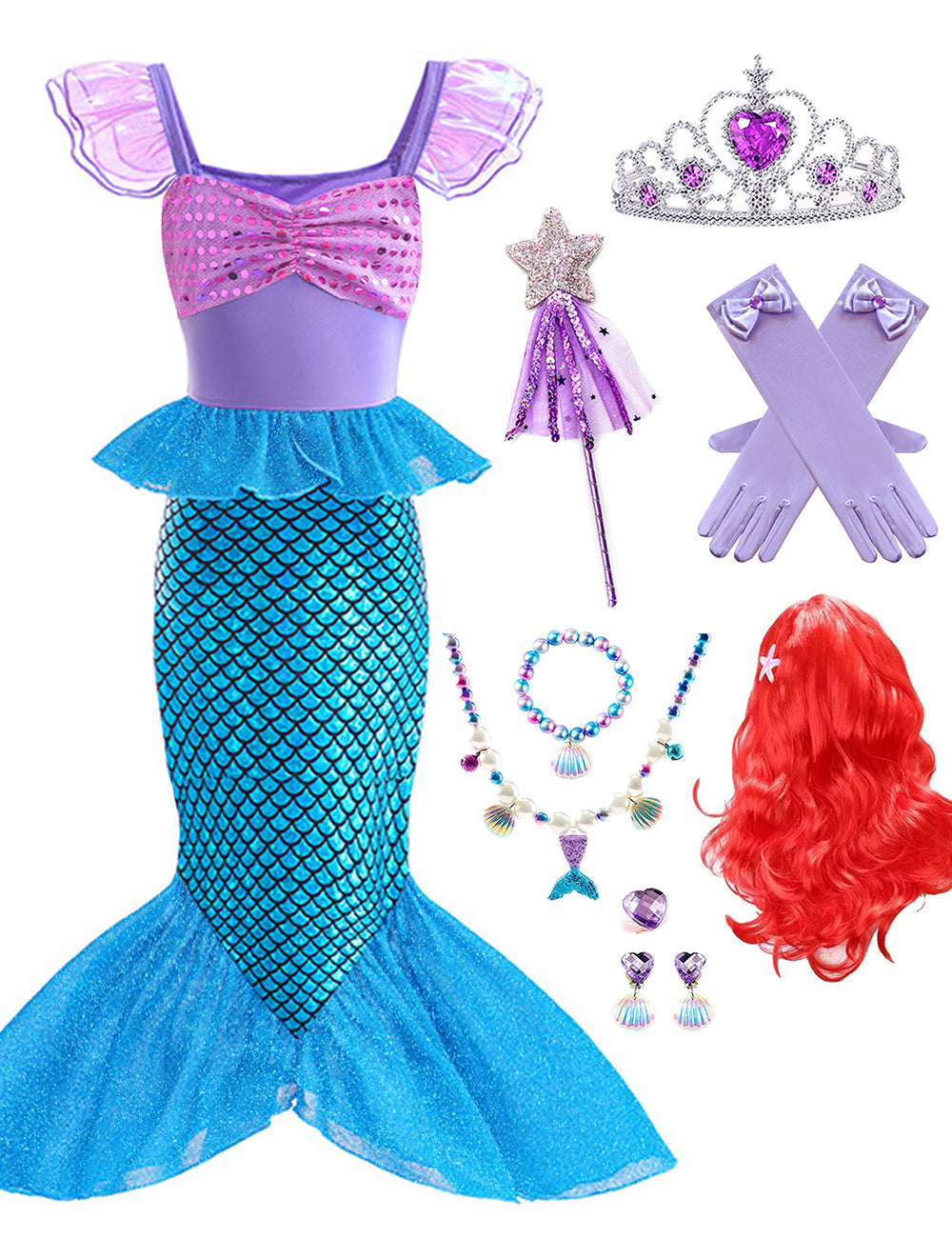 WANSO Mermaid Dress Girl Party Role Playing Girl Dress Birthday Princess Dress Children's Dress Princess Jewelry Wig Crown Set