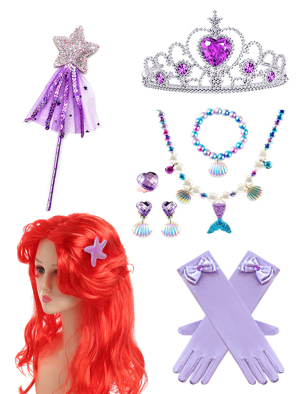 WANSO Mermaid Dress Girl Party Role Playing Girl Dress Birthday Princess Dress Children's Dress Princess Jewelry Wig Crown Set