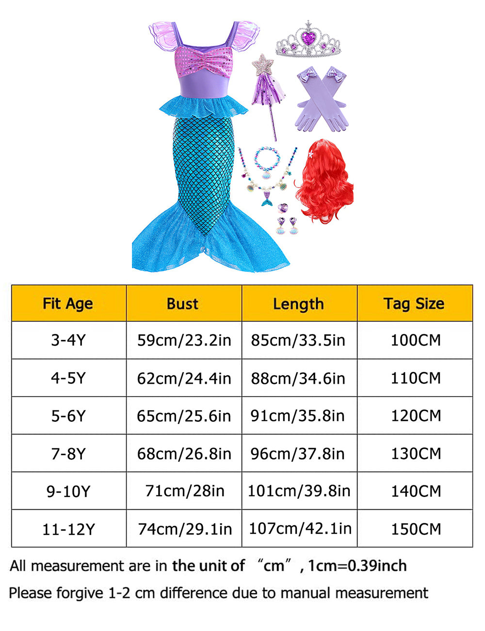 WANSO Mermaid Dress Girl Party Role Playing Girl Dress Birthday Princess Dress Children's Dress Princess Jewelry Wig Crown Set