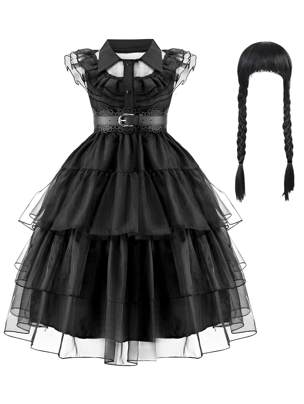 WANSO Black Princess Dress for Girls with Wig Set, Christmas Role Play Halloween Birthday Party Costume Carnival Mardi Gras