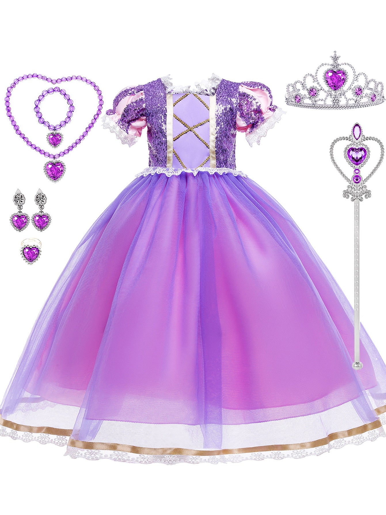 WANSO Girls' Purple Lady Princess Dress with Golden Trim & Lantern Sleeves