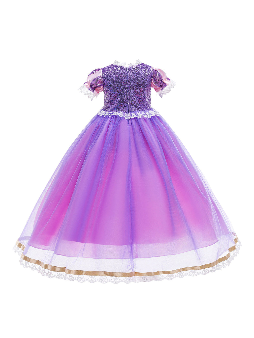 WANSO Girls' Purple Lady Princess Dress with Golden Trim & Lantern Sleeves