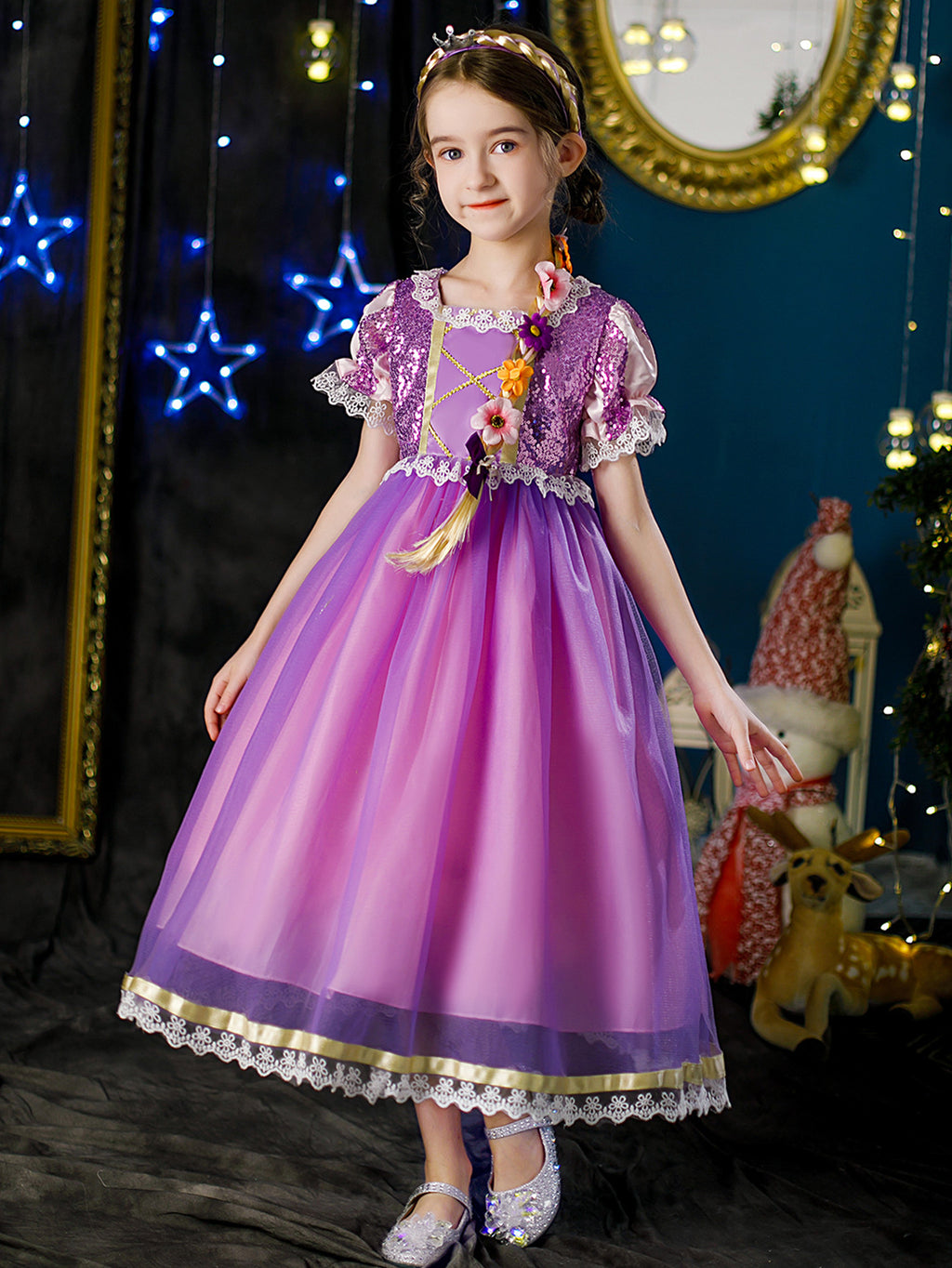WANSO Girls' Purple Lady Princess Dress with Golden Trim & Lantern Sleeves
