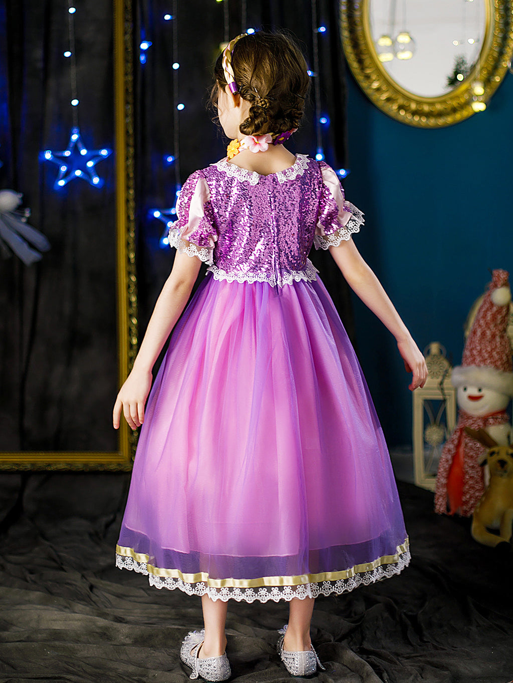 WANSO Girls' Purple Lady Princess Dress with Golden Trim & Lantern Sleeves
