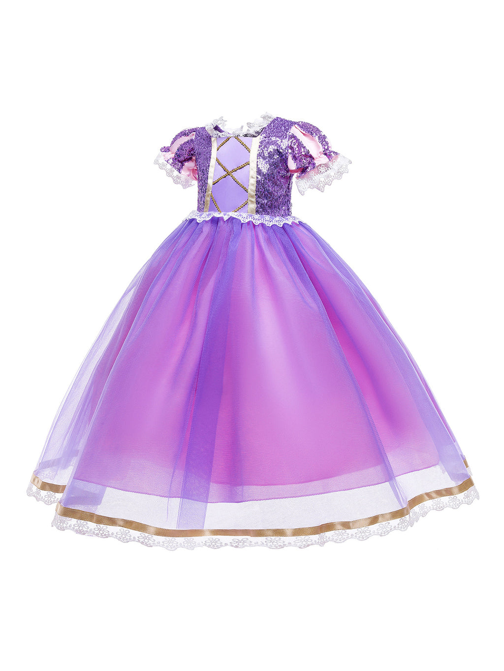 WANSO Girls' Purple Lady Princess Dress with Golden Trim & Lantern Sleeves