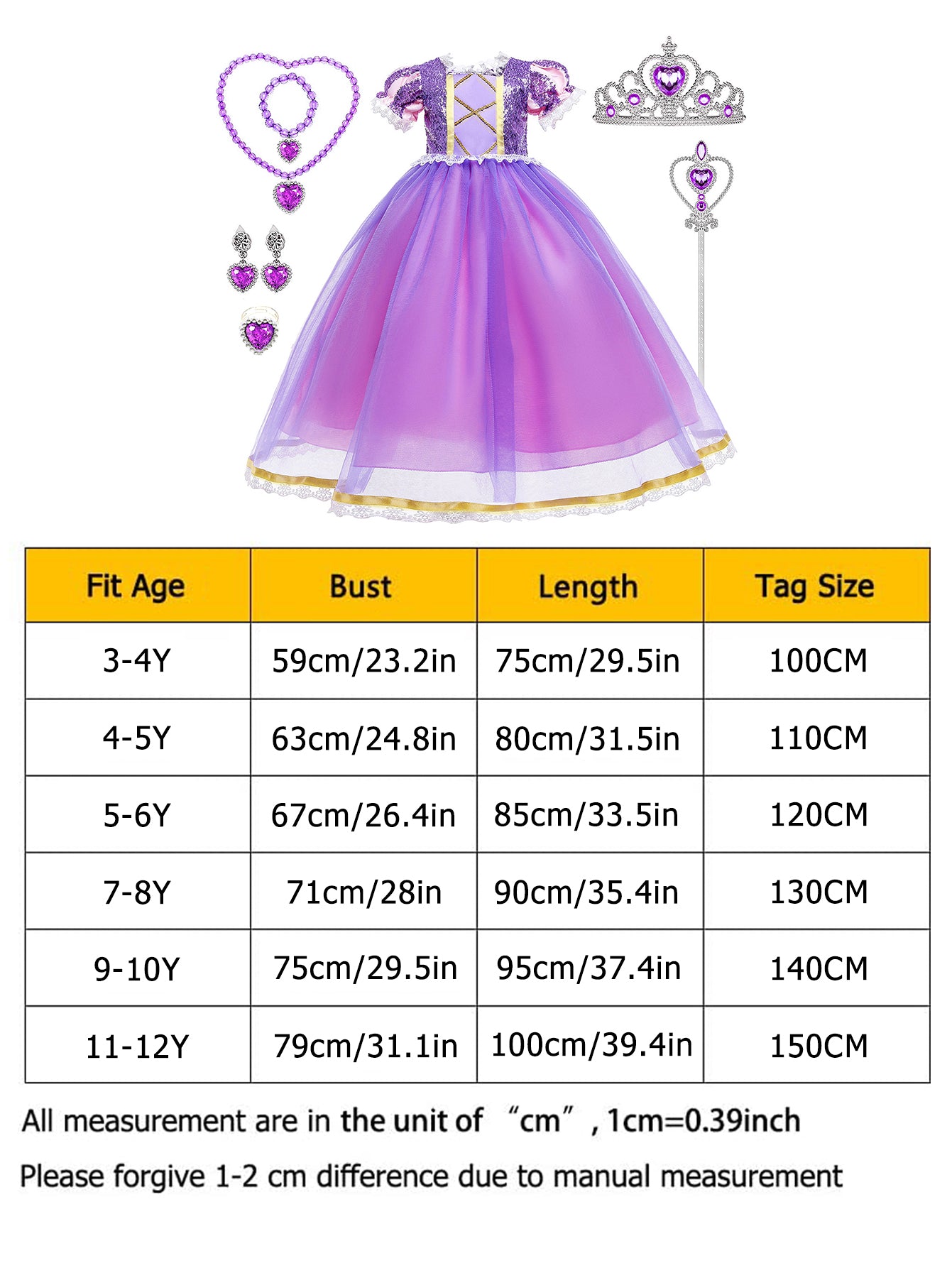 WANSO Girls' Purple Lady Princess Dress with Golden Trim & Lantern Sleeves