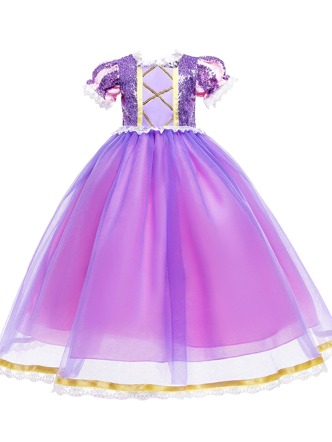 WANSO Girls' Purple Lady Princess Dress with Golden Trim & Lantern Sleeves
