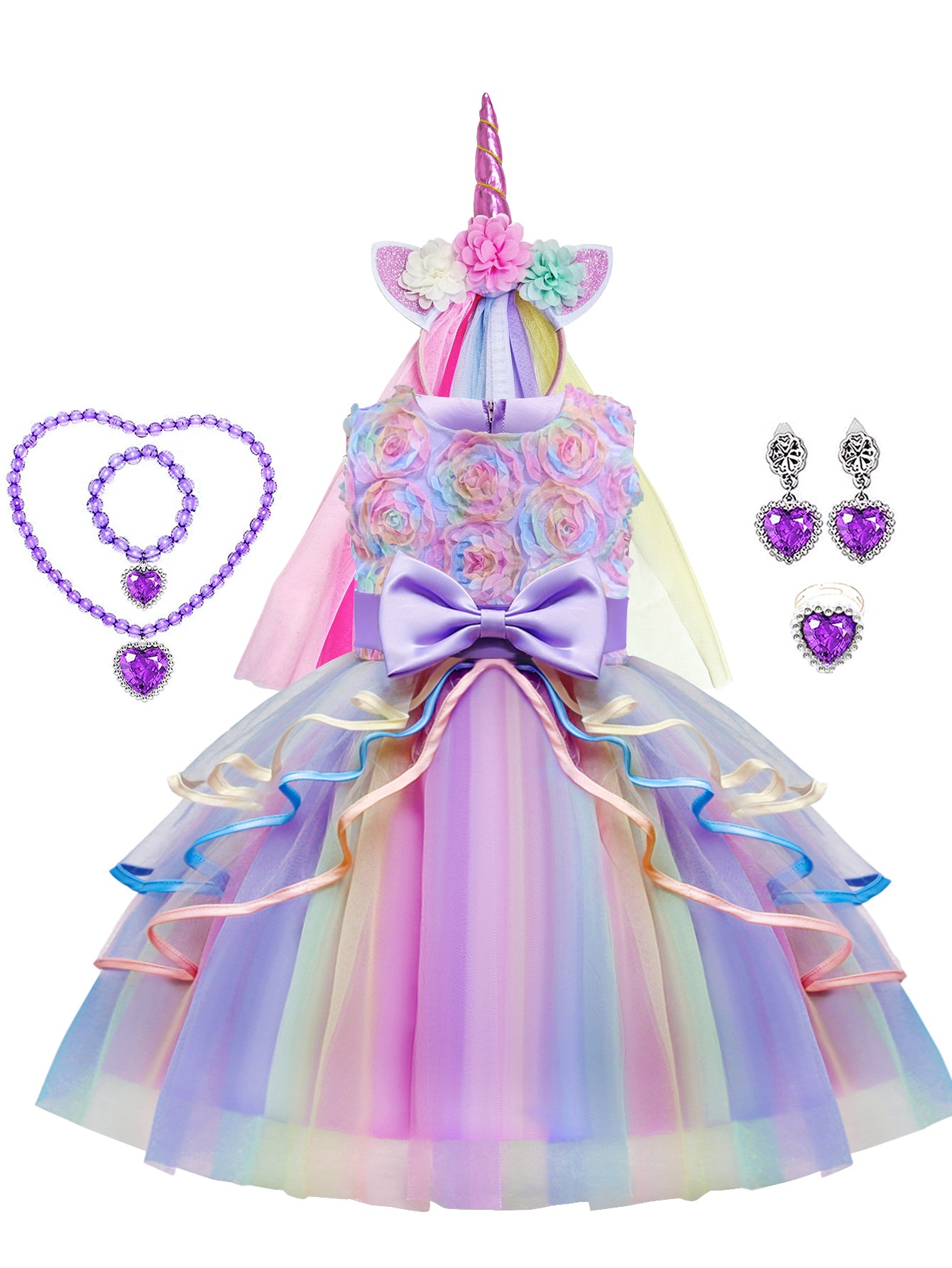 WANSO Girls Elegant Princess Dress with Crown and Jewelry Set - Sleeveless Tulle Party Costume for Halloween, Christmas, Birthday - All-Season Playwear, Princess Dresses for Girls, Halloween Costume, Decorative Bow Detail, Smooth Texture