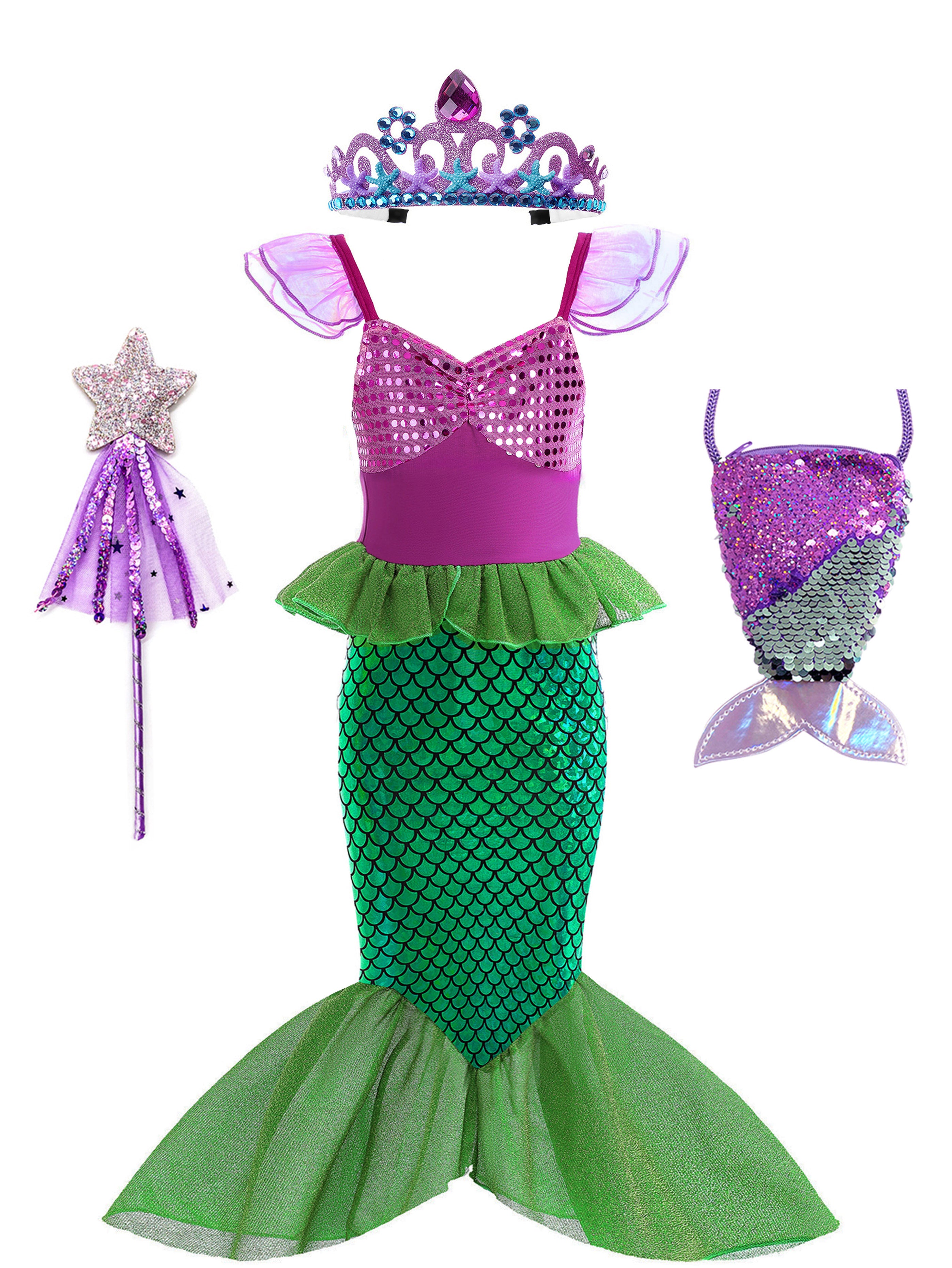 WANSO Girls' Mermaid Princess Party Dress - Sparkling Green Tulle Fluffy Sleeves & Ruffled Neckline for Halloween, Christmas, Birthday - Slim Fit Formal Attire, Mermaid Accessories, Holiday Celebration Wear, Whimsical Fairy Tale, Charming Craftsmanship