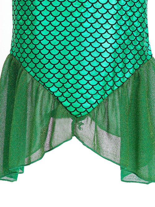 WANSO Girls' Mermaid Princess Party Dress - Sparkling Green Tulle Fluffy Sleeves & Ruffled Neckline for Halloween, Christmas, Birthday - Slim Fit Formal Attire, Mermaid Accessories, Holiday Celebration Wear, Whimsical Fairy Tale, Charming Craftsmanship