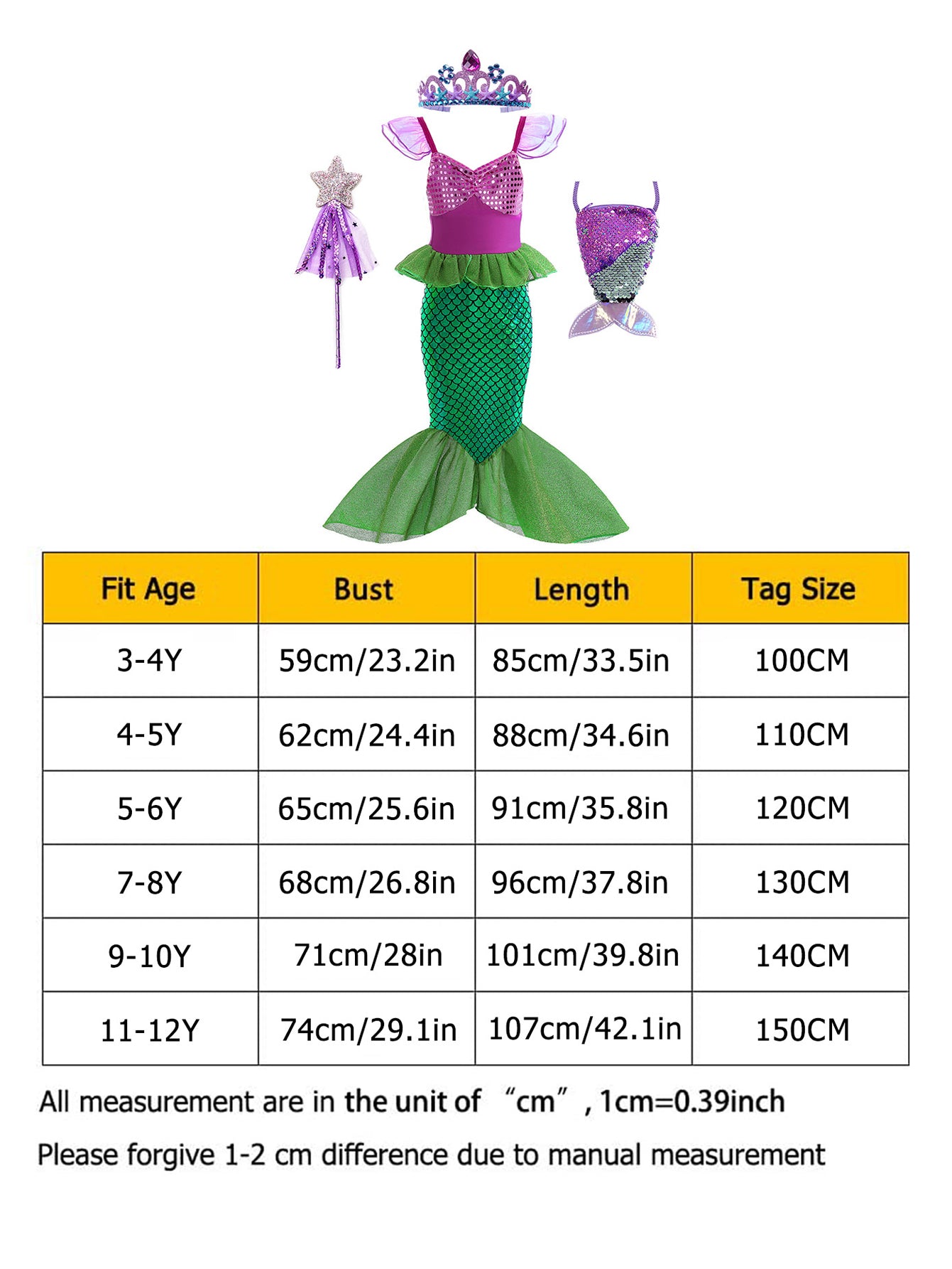 WANSO Girls' Mermaid Princess Party Dress - Sparkling Green Tulle Fluffy Sleeves & Ruffled Neckline for Halloween, Christmas, Birthday - Slim Fit Formal Attire, Mermaid Accessories, Holiday Celebration Wear, Whimsical Fairy Tale, Charming Craftsmanship