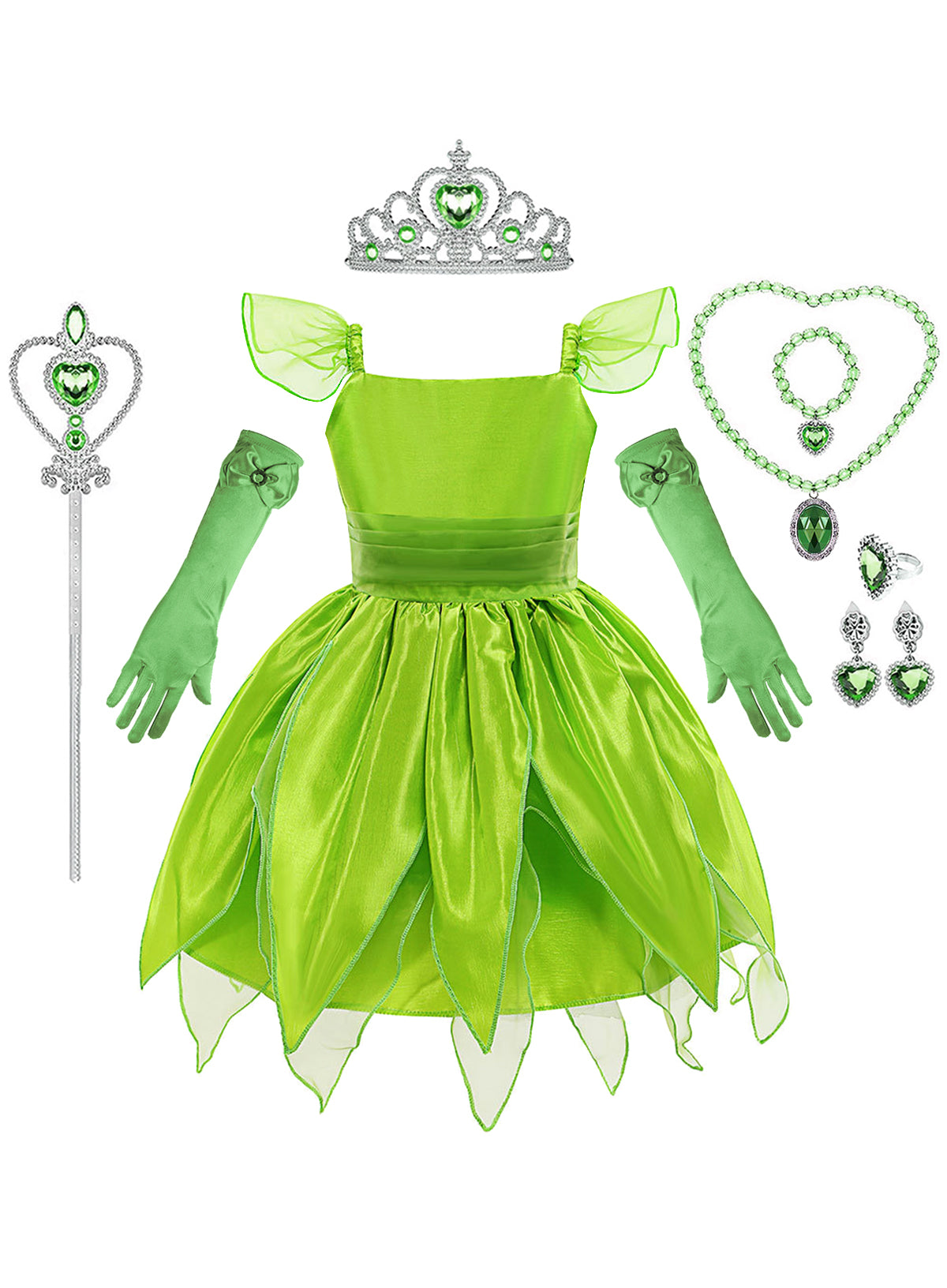 WANSO Girls' Green Lady Princess Party Dress with Tulle Skirt & Ruffled Sleeves - Zipper Front, Round Neck, Stretchy Polyester for Weddings, Halloween, Birthday - Elegant Gift for Ages 3 & Up, Princess Dresses for Girls
