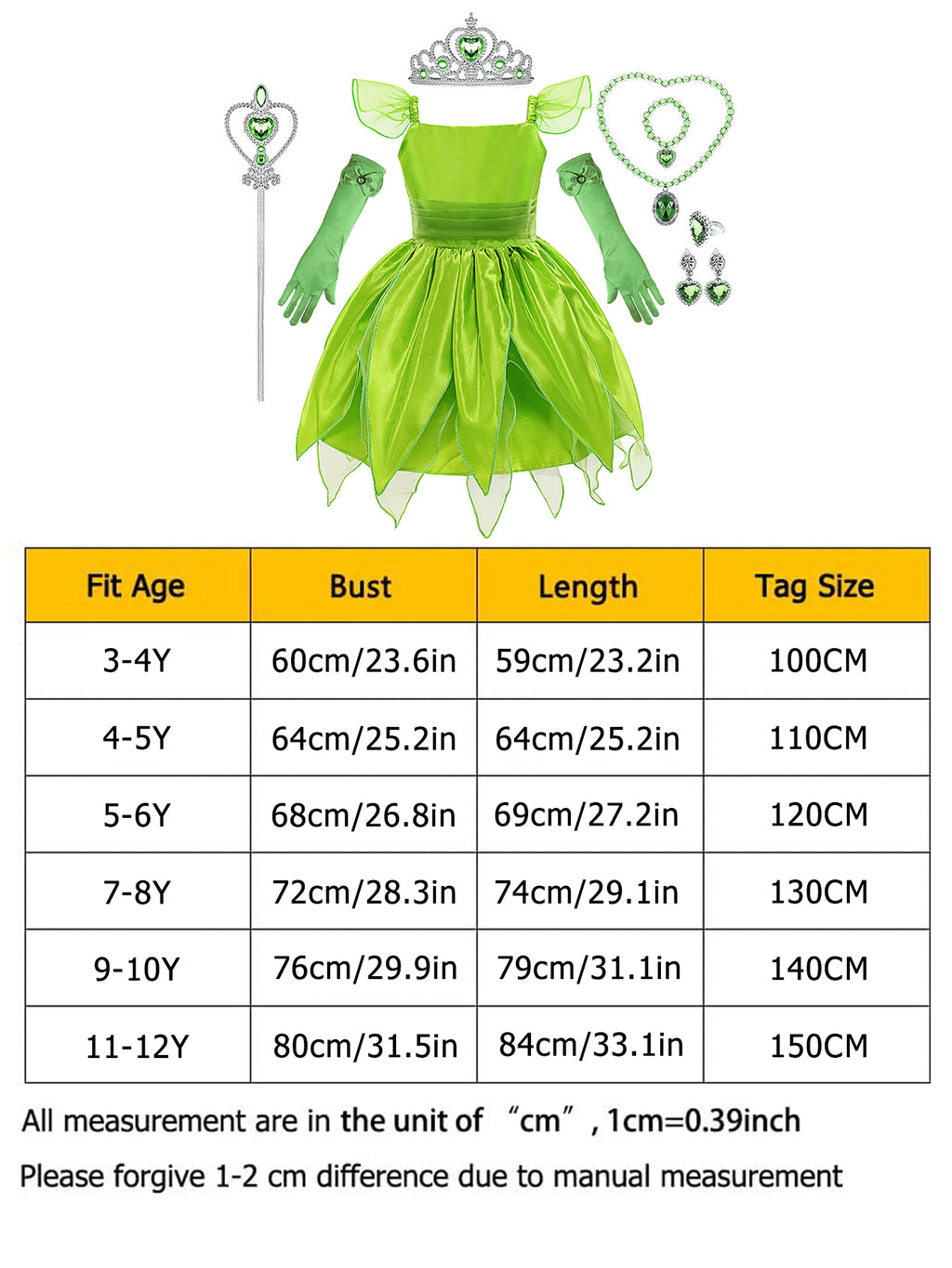 WANSO Girls' Green Lady Princess Party Dress with Tulle Skirt & Ruffled Sleeves - Zipper Front, Round Neck, Stretchy Polyester for Weddings, Halloween, Birthday - Elegant Gift for Ages 3 & Up, Princess Dresses for Girls