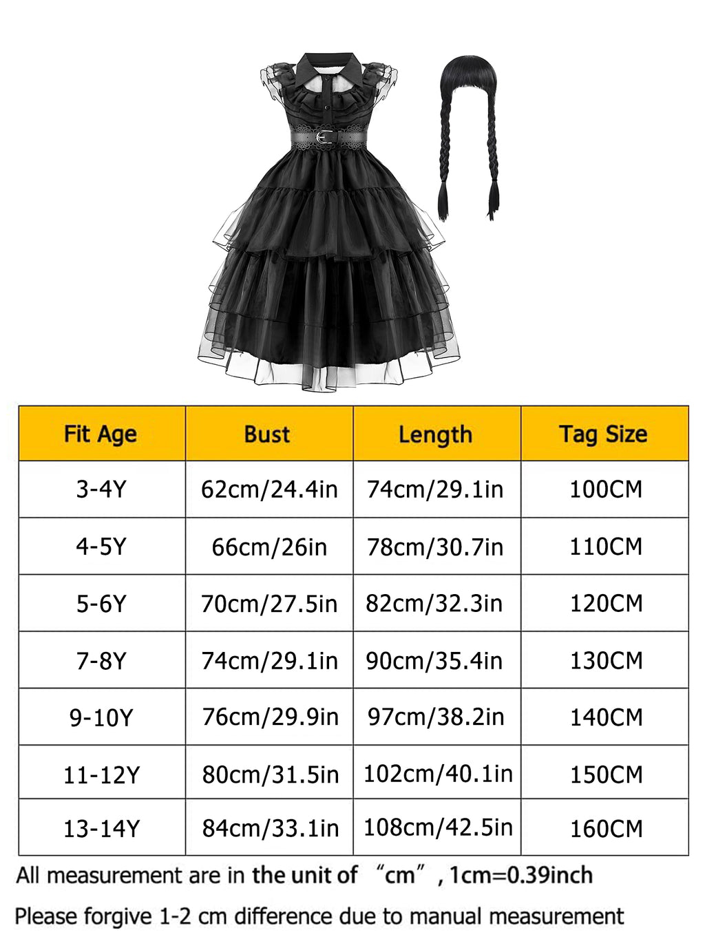WANSO Black Princess Dress for Girls with Wig Set, Christmas Role Play Halloween Birthday Party Costume Carnival Mardi Gras