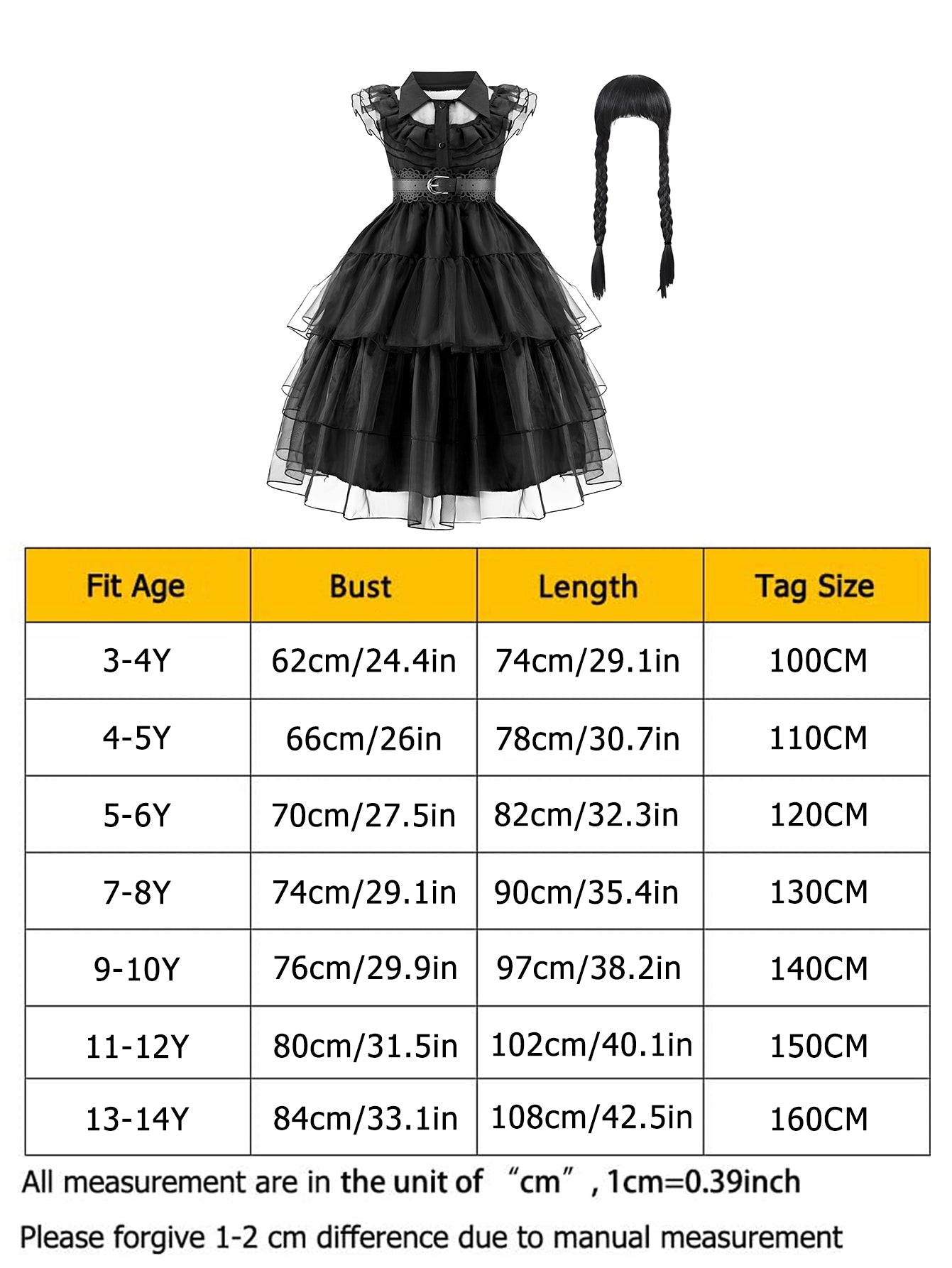 WANSO Black Princess Dress for Girls with Wig Set, Christmas Role Play Halloween Birthday Party Costume Carnival Mardi Gras
